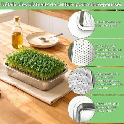 1 x Kit de germination en acier inoxydable : plateau de germination 2 en 1 avec tamis en silicone et en tissu – 26 x 19 cm pour la microculture de cataire et de cresson – Réutilisable, compatible lave (1/3)