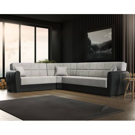 Dmora - Sofá cama Dgytkjæ, Sofá cama rinconera contenedor en ecopiel y tela, Sofá de salón con apertura clic-clac y península reversible, 305x238h91 cm, Negro y Gris Claro (1/5)