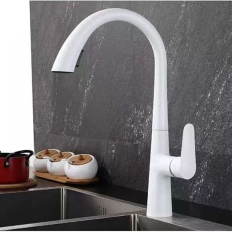 Kitchen Faucet with Pull-Down Sprayer, Brass Kitchen Faucet, 360° Swivel Sink Mixer Tap, Hot and Cold Adjustable Sink Mixer, Kitchen Sink Water Faucet, White (1/5)
