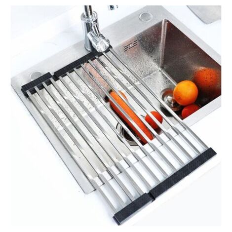 Égouttoir à vaiss pliable, tapis d'évier enroulable en acier inoxydable, égouttoir de cuisine argenté (16 tubes pliables 47 x 36 cm)