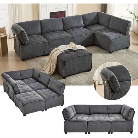Canapé d'angle308x154x81 6 Places Modulable Velours Côtelé Gris - Convertible Forme U/L avec Poches Rangement et Structure Robuste (1/5)