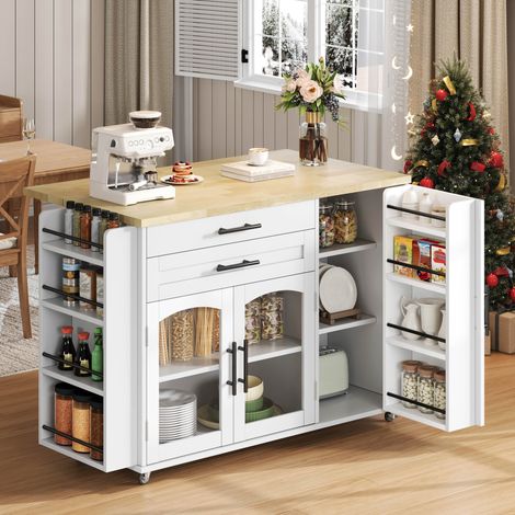 Îlot de cuisine 120/70 x 45 x 90 cm en MDF naturel/blanc avec plateau rabattable et rangement (1/5)