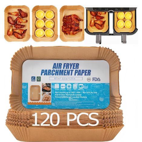 Papier Cuisson pour Ninja Foodi Max Air Fryer, 130 pcs 22x14cm Rectangulair Paper Liner Friteuse Sans Huile Accessoires pour Ninja AF300EU /AF400EU/Cecotec/Moulinex 7.6-9.5L Dual Zone Airfryer
