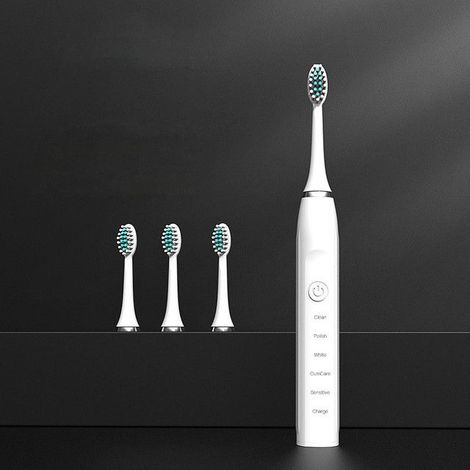 Brosse à dents électrique sans fil - Brosse à dents électrique - Comprend 3 têtes de rechange - Rechargeable - Étanche - Blanche - ABS