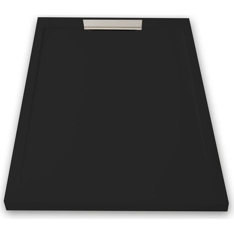 Mineralguss-Duschwanne extra flach LUX Schieferoptik schwarz 90x140cm Ablaufschutz in Chrom Ablaufschutz in Chrom