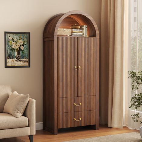 Buffet haut 76x38x180cm avec 2 portes rainurées, 2 tiroirs, niche ouverte cintrée, LED réglable via application, poignées en fer, effet noyer (1/5)