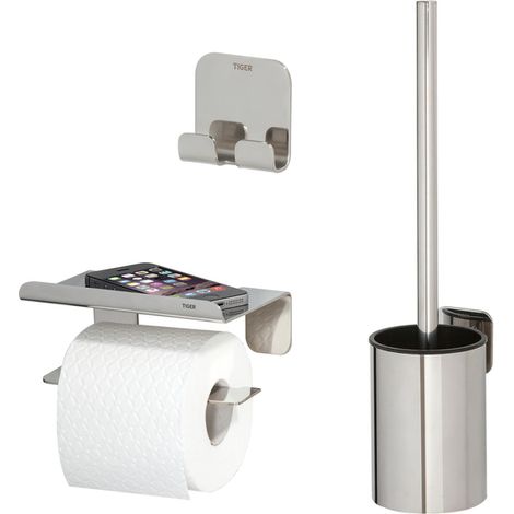 Tiger Colar Ensemble accessoires wc - brosse avec suport - porte-rouleau avec planchette - crochet serviette - Inox poli (1/5)