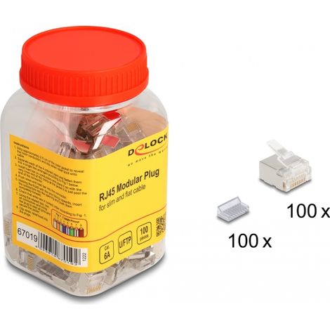 Bote de 100 RJ45 Cat.6A SLIM para cables planos y delgados AWG32 con guia