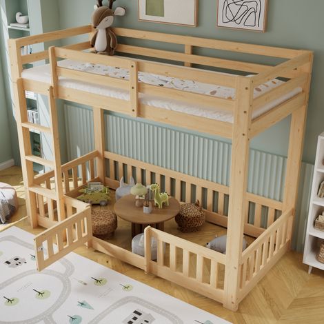 Etagenbett 204/100,5/150 cm natur aus Kieferholz mit rechtwinkliger Treppe und Spielbereich (1/5)