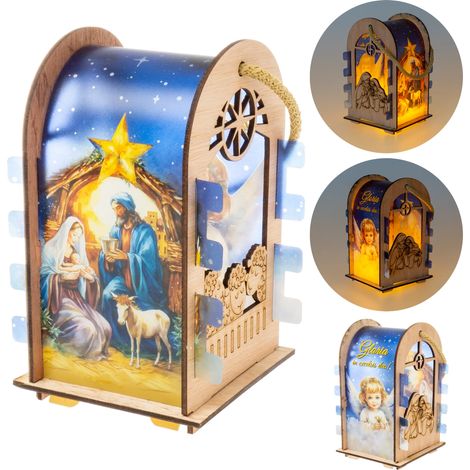 Farol de Adviento LED para niños: Farol de madera con belén para Navidad (1/5)