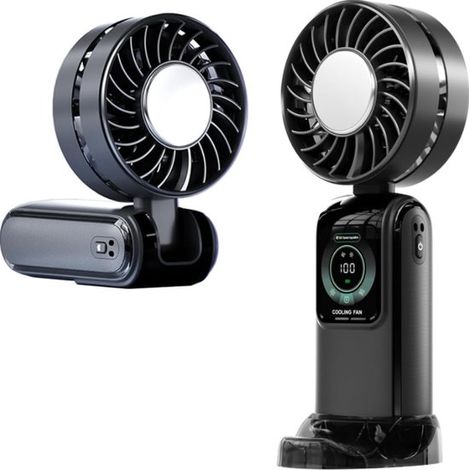 Ventilador portátil de mano de una sola pieza con soporte y cordón,batería recargable USB-C,conciertos y actividades al aire libre (negro) (1/4)