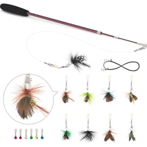 Jouet à Plumes pour Chat – 10 Pièces Rétractable Canne a Peche Jouet, Bâtons de Baguette avec 9 Insecte Plumes de Rechange avec Clochettes, Jouet Interactif pour l'intérieur Chats et Chatons (1/5)