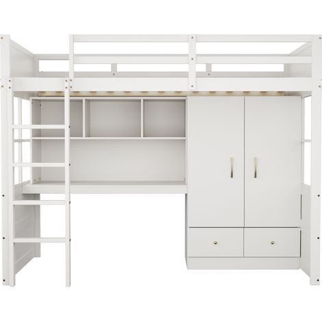 Lit mezzanine 90 x 200 cm blanc avec bureau, armoire et tiroirs (1/5)