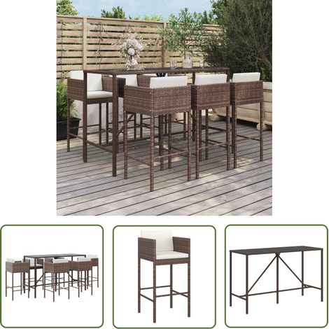 The Living Store Ensemble de bar de jardin avec coussins 7 pcs marron poly rotin - Salon De Jardin - Mobilier De Jardin - Set De Bar - Table De Bar - Chaises De Bar (1/5)