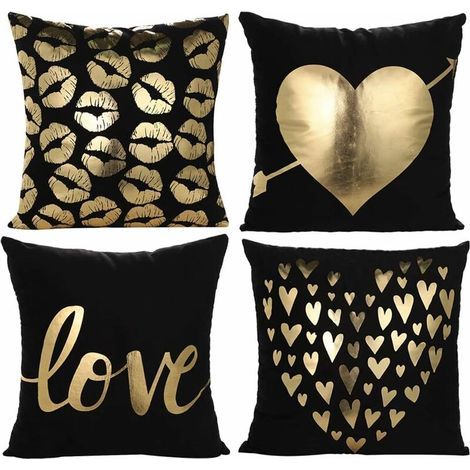 Taie d'oreiller doré doux estampage à chaud coeur amour baiser housse de coussin pour lit canapé salon chambre 45 x 45 cm lot de 4 (amour en noir) (1/5)