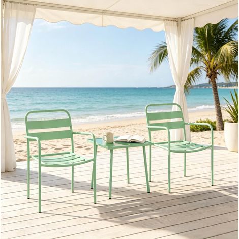 Conjunto de mesa y 2 sillas de jardín de acero galvanizado, vidrio templado verde DESVIAE (1/5)