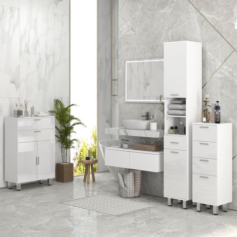 kleankin Badezimmerschrank, Badkommode, mit Regalen und Schublade, verstellbar, Weiß