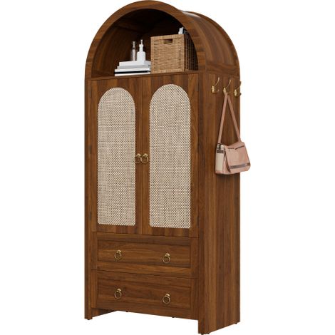 Armoire latérale vintage en style panier tressé avec arc décoratif, 2 tiroirs coulissants – Meuble de rangement pour salon ou chambre