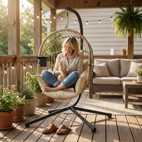 Fauteuil œuf suspendu chaise hamac balançoire, usage intérieur/extérieur, panier pliable, coussin rembourré, kaki