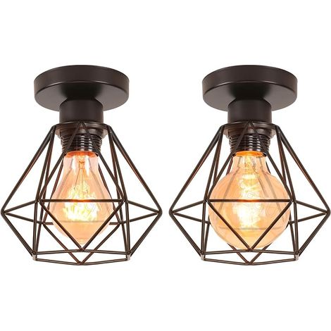 Lot de 2 Lustre Plafonnier Industriel Métal Suspension Luminaire Style Cage Géométrique E27 Mini Lampe de Plafond Vintage pour Couloir Entrée, Noir, Ø 16cm (Plafond) (1/5)