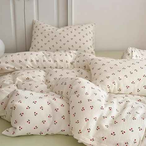 Parure de lit en mousseline de coton 135 x 200 cm pour enfant fille 135 x 200 cm + taie d'oreiller 80 x 80 cm - Motif cerises rouges - Housse de couette avec fermeture (1/5)