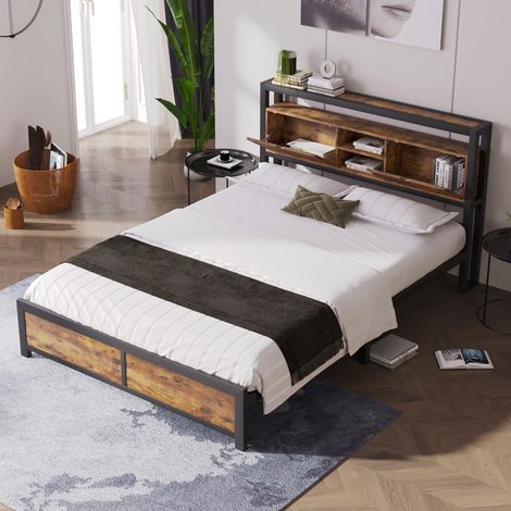 Bett Metall & Holzdekor Natur 140x200 cm mit Stauraum-Kopfteil und Metall-Lattenrost