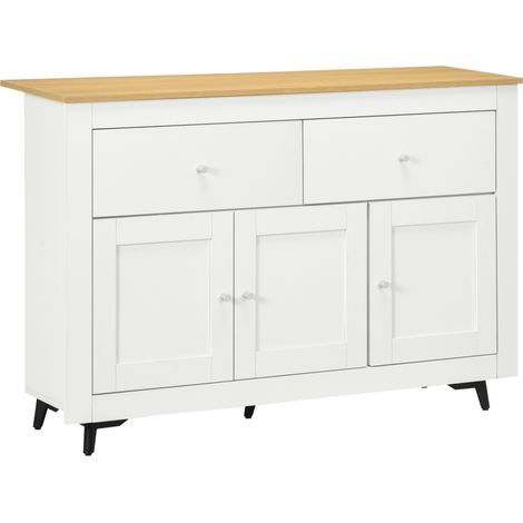 Credenza Buffet 117x35x80 cm con 2 Cassetti e 2 Armadietti in Legno Bianco e color Legno (1/5)