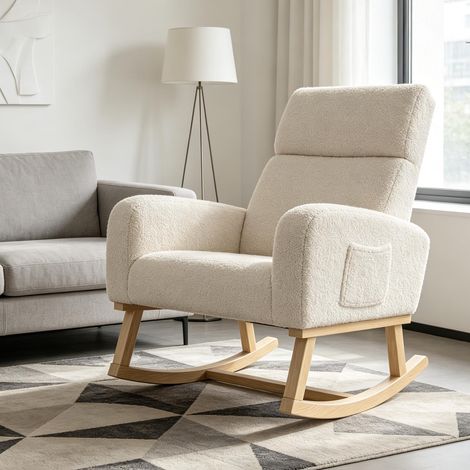 Sedia a dondolo imbottita – Sedia a dondolo moderna – Braccioli larghi con tasche – Seduta spaziosa – Orsetto di peluche beige (1/5)