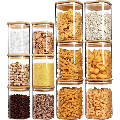 Lot de 12 bocaux de conservation en verre avec couvercle, 2 tailles : 1200 ml x 6, 600 ml x 6, boîtes de conservation en verre avec couvercle en bois pour le stockage des spaghettis