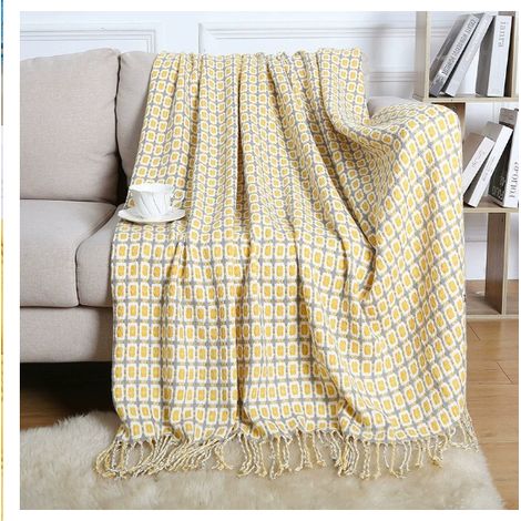 Couverture de canapé-lit à carreaux jaunes, style simple, avec pompons, chaude et douce, pour la chambre ou le fauteuil. (1/4)