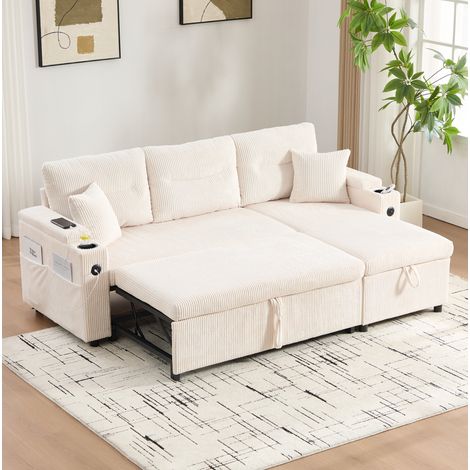 Divano letto 3 posti 212,5/136/86 cm in corda beige con chaise longue e letto estraibile (1/5)