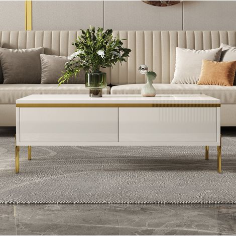 Couchtisch 100 x 50 x 36 cm mit 2 Schubladen, weiß hochglänzend HAVRYA (1/5)
