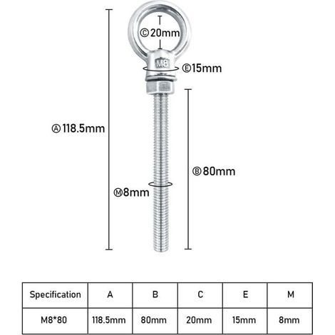 Vis à œil en acier inoxydable M8 × 80 mm – Lot de 6 boulons de fixation et suspension pour usage industriel et domestique (1/3)