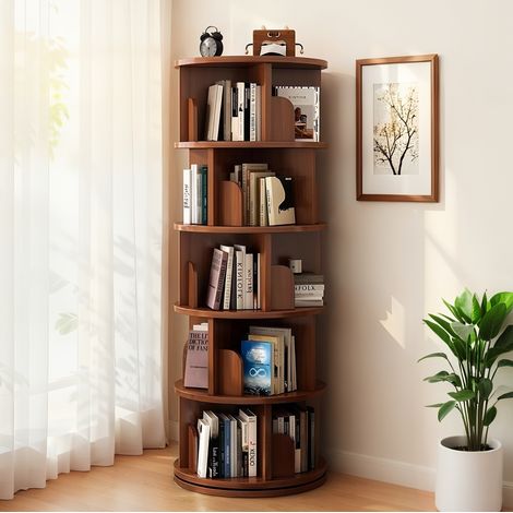 Bibliothèque pivotante 5 niveaux 46x46x157 cm en MDF noyer, gain de place pour salon FLORAGRACE (1/5)