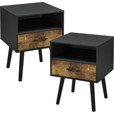 Set Gävle di 2 Comodini con Cassetto e Scomparto - Nero / Effetto Legno Scuro [en.casa]