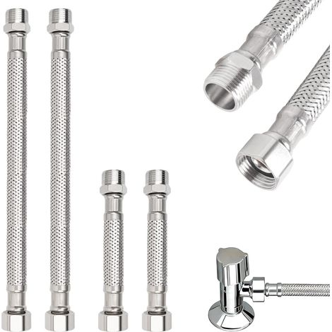 4 Pièces Flexible Robinet Cuisine Connecteurs 3/8 Pouce en Acier Inoxydable(10 cm + 20) cm Tuyau Blindé Tressé Acier Inoxydable 304 Connecteurs de Raccord Évier Cuisine pour Salle Bains Chauffe-Eau (1/5)
