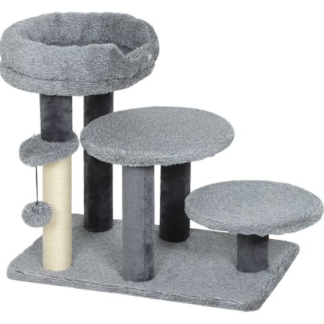 Árbol rascador con escalera para gatos de felpa y sisal, gris, 60x40x56 cm HOMVRA (1/5)
