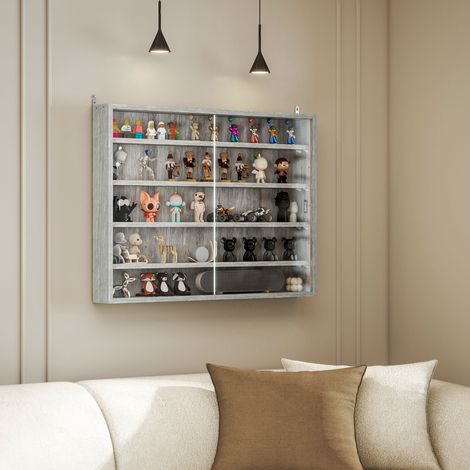 Vetrina a muro per oggetti da collezione, con 5 ripiani regolabili in altezza e 2 ante scorrevoli, 80 x 9,5 x 60 cm, grigia.