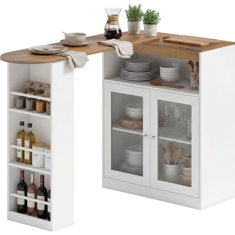 Table bar extensible & pivotante 90° étagères ouvertes 2 portes verre 150x80x105,5 cm blanc naturel