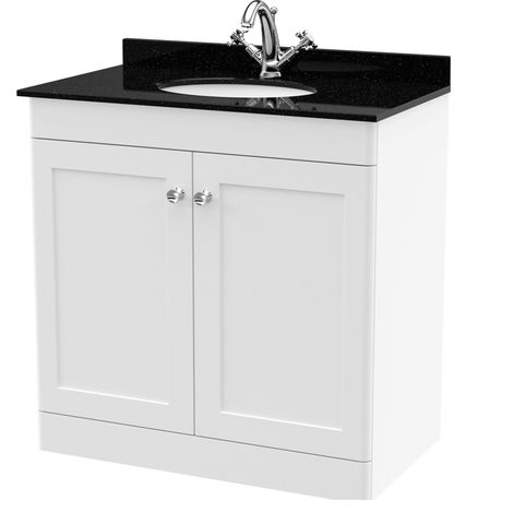 Swynnerton Traditional 2 Door Floor Standing Vanity Unit with Marble Basin, Satin White, 800mm
