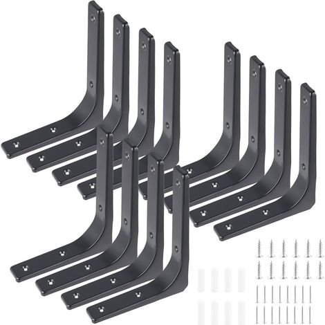 Lot de 12 supports d'étagère en métal noir de 20 x 15 cm - Angle d'étagère à 90° - Avec vis - Charge lourde - Pour montage mural et étagère (1/5)