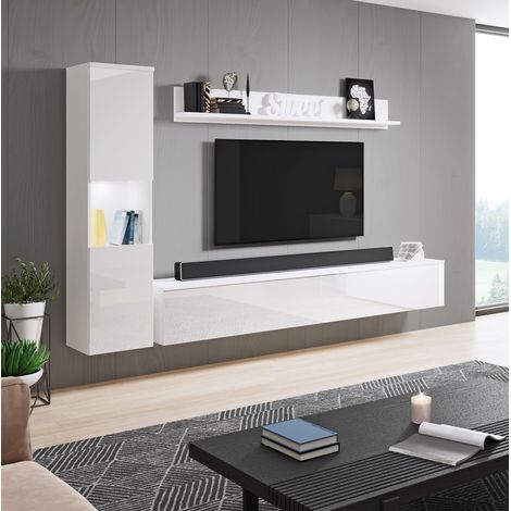 Bratex – Ensemble de meubles de salon Paris – Vitrine avec verre trempé – Meuble TV et étagère en panneau laminé – Finition blanche brillante