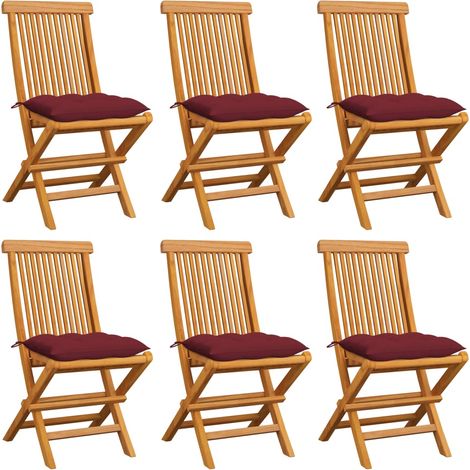 Lot de 6 Chaises de jardin avec coussins rouge bordeaux - Chaise d'extérieur pour terrasse/jardin Teck massif BV748268 - BonneVie (1/5)