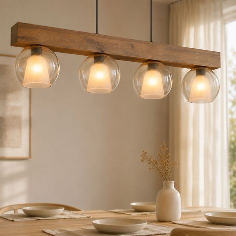 Suspension lampe suspendue salon verre clair lampe en bois 4 flammes L 100 cm