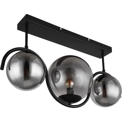 Plafoniera soggiorno lampada da soffitto lampada da pranzo lampada da cucina, metallo vetro fumo, 3 lampadine, E27, L 60 cm