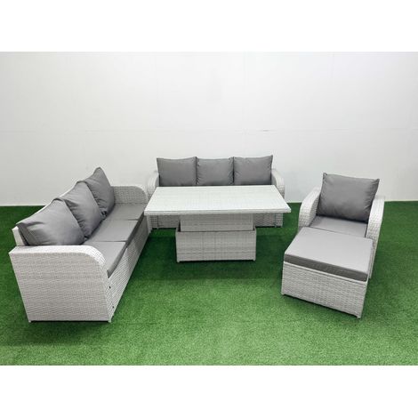 Fimous 8 Seater Poly Rattan Outdoor Garden Furniture Adjustable Lifting Dining or Coffee Table Sofa Set Patio 3 Seater Sofa Reclining Chair 3 Seater Sofa Big Footstool Light Grey (1/5)