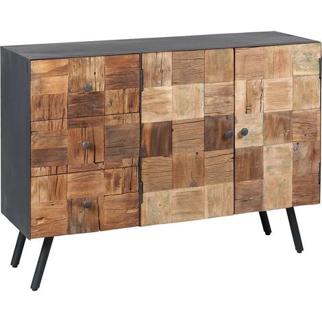 Buffet 2 portes 3 tiroirs en acier gris mat et façades en bois massif - FULBERT