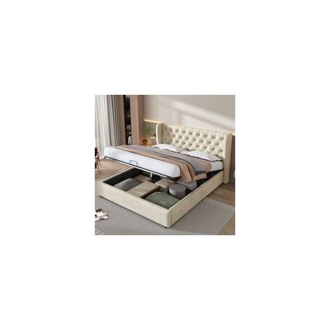 FOREHILL – Lit coffre 140x190 cm – Lit capitonné beige en forme d'oreille – Sommier à lattes inclus – Espace de rangement pratique (1/5)