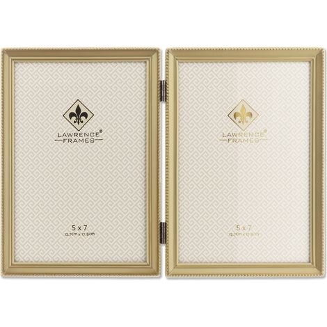 Cadre photo double à charnière en laiton antique 12,7 x 17,8 cm – Bordure de perles, or satiné (1/4)