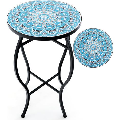 GOPLUS Table Support pour Plantes en Mosaïque, avec Plateau en Carreaux, Cadre en Métal, 30X30X50 CM, Bleu+Noir (1/5)